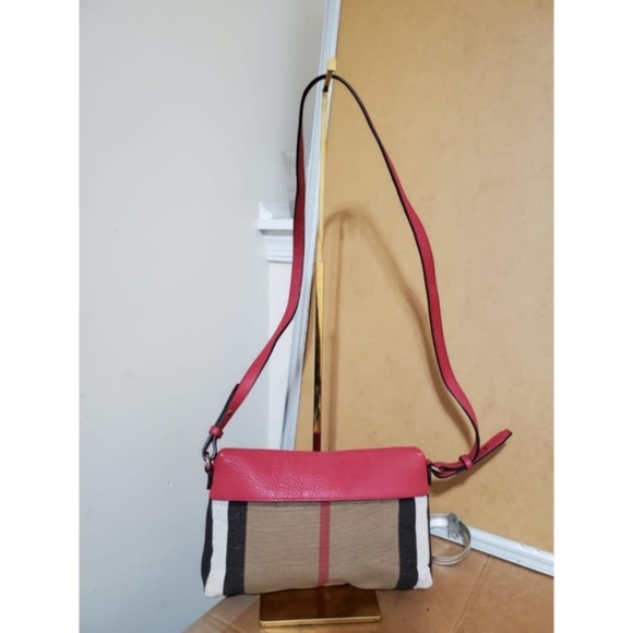 Authentic BURBERRY Check Canvas Crossbody  Cadmium Farley Red Bag - Picture 11 of 11